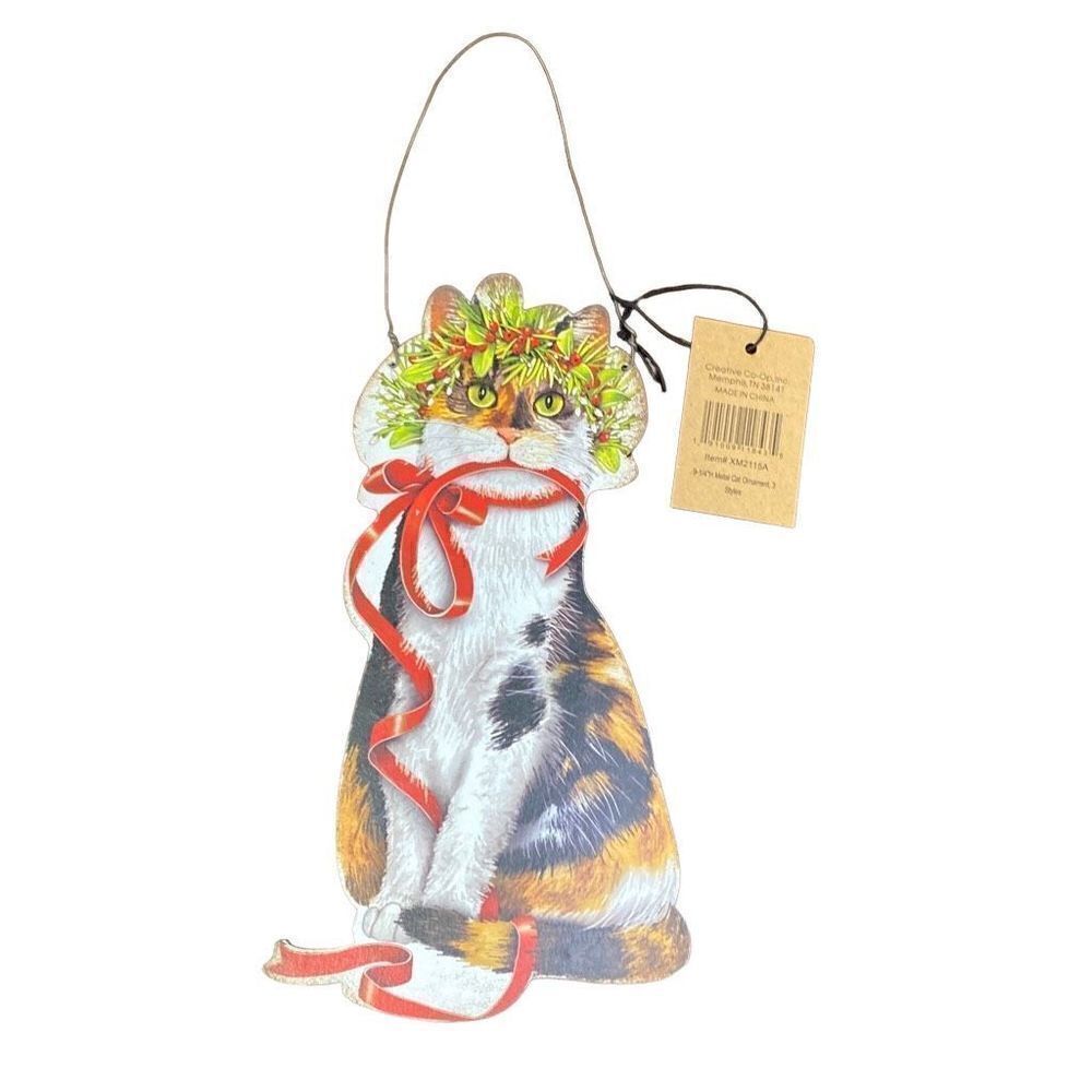 Metal Cat Hanging Ornament Holiday Christmas Vintage Look Distressed